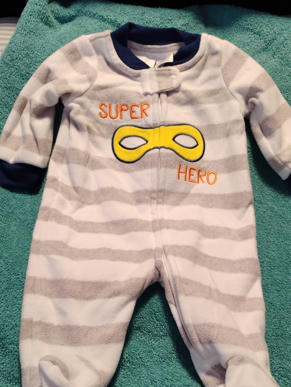 Striped Super Hero Footed One-Piece - White & Gray with Yellow Mask